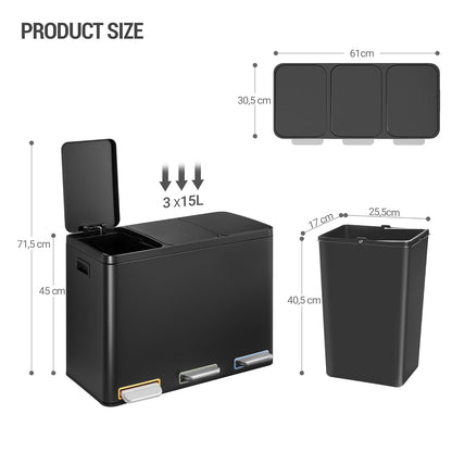 Hzuaneri Garbage Separation System for Kitchen, 3 Compartments, 45L (3 x 15 L), Stainless Steel Kitchen Waste Bin, Pedal Bin with Colour-Codable Pedals, Waste Bin, Quiet Slow Descent, Black