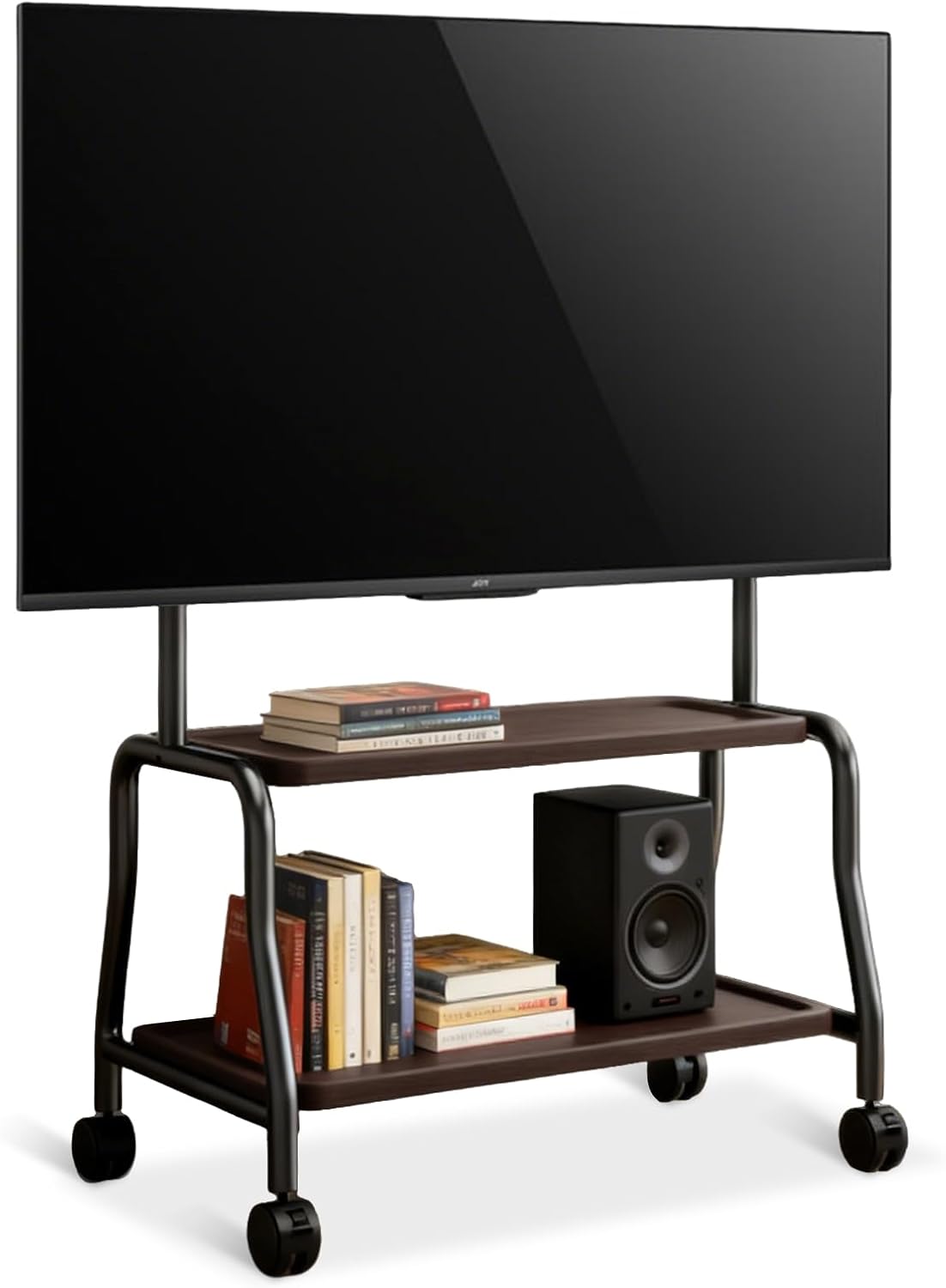 Tv-standaard, oprolbaar voor 32-75 inch televisie tot 50 kg, televisiestandaard op wielen, tv-rolwagen met houten plank, in hoogte verstelbare tv-vloerstandaard, max VESA 600 x 400 mm