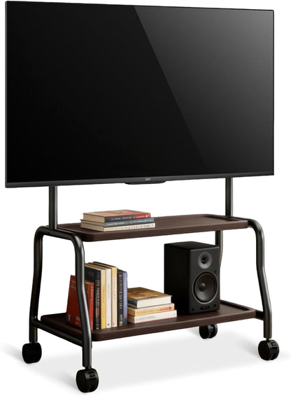Tv-standaard, oprolbaar voor 32-75 inch televisie tot 50 kg, televisiestandaard op wielen, tv-rolwagen met houten plank, in hoogte verstelbare tv-vloerstandaard, max VESA 600 x 400 mm