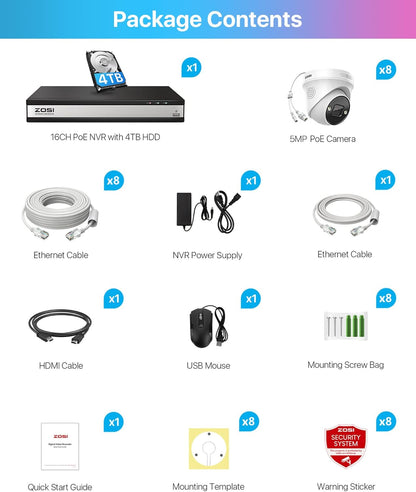 ZOSI 5MP Bewakingscameraset, Videobewaking met 8X 5MP PoE IP Camera en 16CH 4TB HDD NVR, Personendetectie en Voertuigdetectie C225