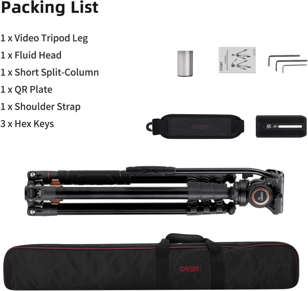 Cayer Aluminium videostatief, 75 inch, 4-delig, vloeistofkop, 6 kg draagvermogen, zilver, DSLR-camera, camcorder