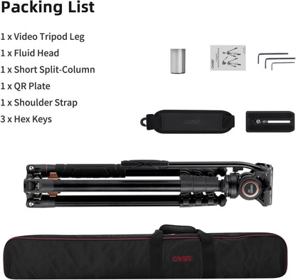Cayer Aluminium videostatief, 75 inch, 4-delig, vloeistofkop, 6 kg draagvermogen, zilver, DSLR-camera, camcorder