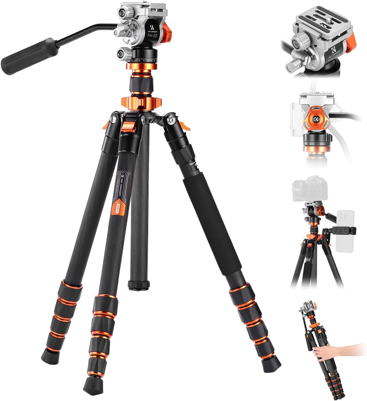 K&F CONCEPT Camerastatief van koolstofvezel, 173 cm, fotostatief met hydraulische kop ± 90 graden, videostatief monopod 182 cm met Arca Swiss voor DSLR, Max 5 kg, O255C4+FH-03