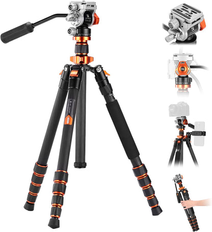 K&F CONCEPT Camerastatief van koolstofvezel, 173 cm, fotostatief met hydraulische kop ± 90 graden, videostatief monopod 182 cm met Arca Swiss voor DSLR, Max 5 kg, O255C4+FH-03