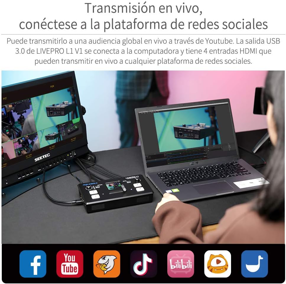 Feelworld LIVEPRO L1 V1 Multi Camera Video Mixer Switcher 4 x HDMI Inputs 2 Inch LCD Display USB 3.0 Camera Production Real Time Live Streaming Lightweight Heat Dissipation - QUORE