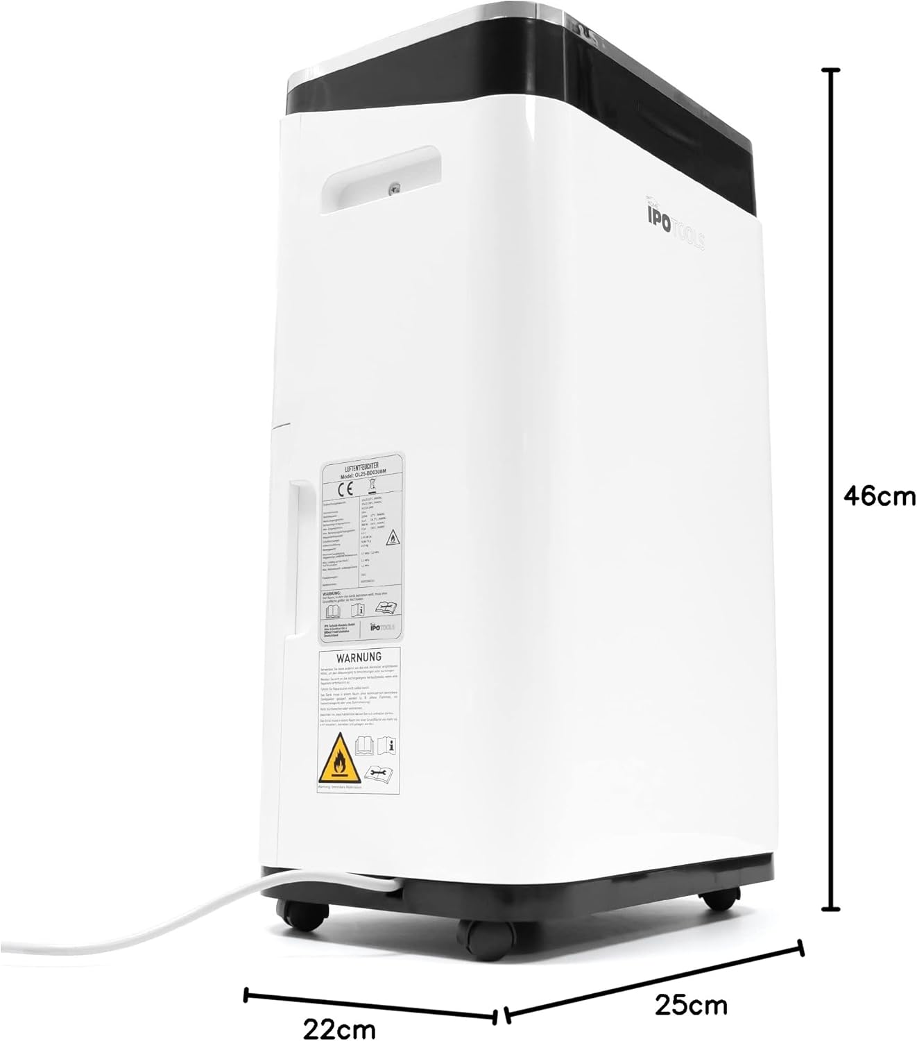 IPOTOOLS Luchtontvochtiger, 25 liter, 24 uur, ruimteontvochtiger voor ruimtes tot 70 m2, met 3 bedrijfsmodi, digitaal display, afvoerslang, wasdroger, timer voor vocht, schimmel, mobiel, 25 liter