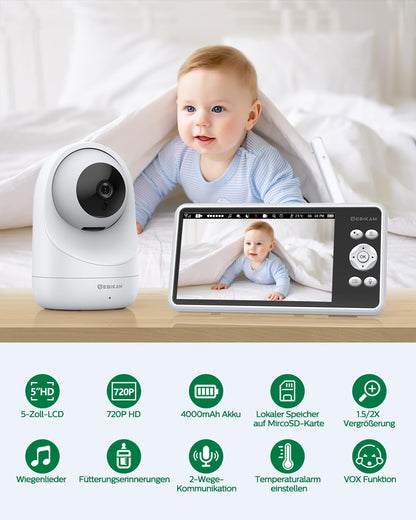 Babyfoon – Baby Monitor – Kinderopvang Monitor – Video Babyfoon – Draadloze Babycamera – 5 Inch 720P HD IPS Scherm – 4000mAh Batterij Met VOX-Modus
