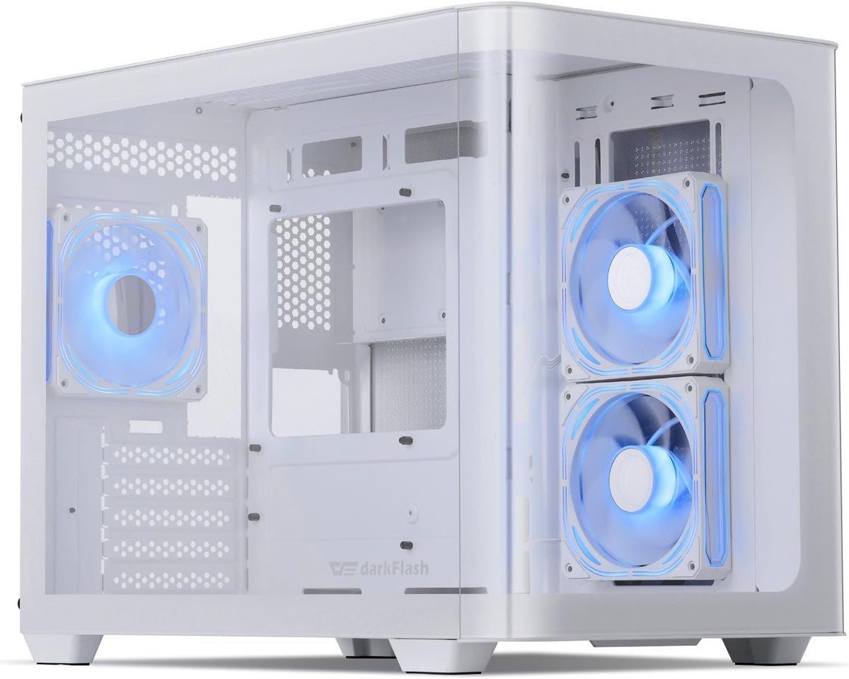 darkFlash Micro-ATX Gaming PC-hoes, MATX PC-behuizing met 3 x 120 mm ARGB-ventilatoren, panoramisch zicht, dubbel gehard glazen computerbehuizing, USB 3.0-poort, ondersteunt dubbele 360 mm AIO, wit