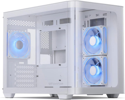 darkFlash Micro-ATX Gaming PC-hoes, MATX PC-behuizing met 3 x 120 mm ARGB-ventilatoren, panoramisch zicht, dubbel gehard glazen computerbehuizing, USB 3.0-poort, ondersteunt dubbele 360 mm AIO, wit