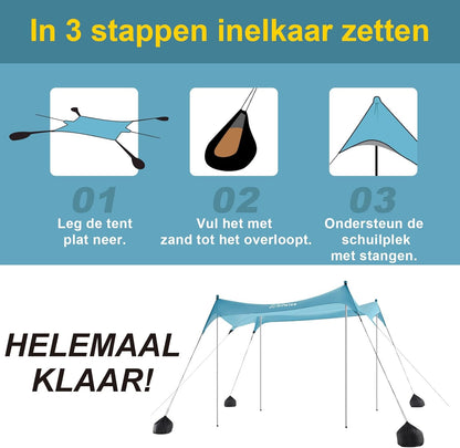 WolfWise UPF50+ Strandtent Zonnescherm, 2,3 x 2,3 m Familie Strand Parasol Geschikt voor 2-6 Personen, Gemakkelijk Op te zetten Winddicht Waterdicht Strand Afdak, Blauw, Large