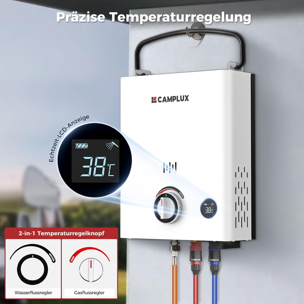 CAMPLUX First Gasdoorstroomboiler, 5 liter, met handgreep, LPG, 50 mbar, voor camperuitstapjes, campingdouche, F5-DE