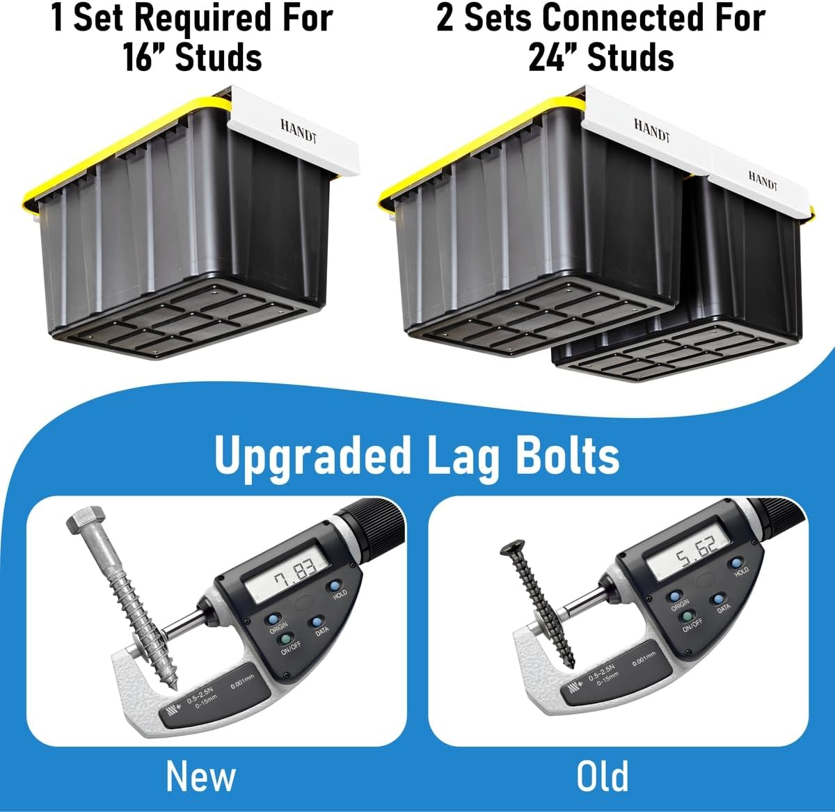 HANDT Overhead Garage Opbergrek, Plafond Tote Bin Organisatie Rails Rekken Systeem, Heavy Duty Opknoping Metalen Rek Systemen voor 27 Gallon Container, Ondersteunt de meeste andere Bakken, 4 Sets Wit