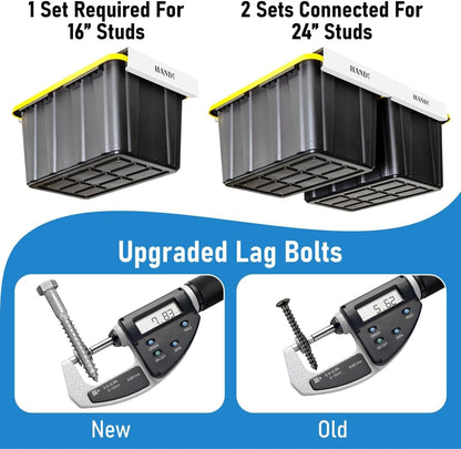 HANDT Overhead Garage Opbergrek, Plafond Tote Bin Organisatie Rails Rekken Systeem, Heavy Duty Opknoping Metalen Rek Systemen voor 27 Gallon Container, Ondersteunt de meeste andere Bakken, 4 Sets Wit