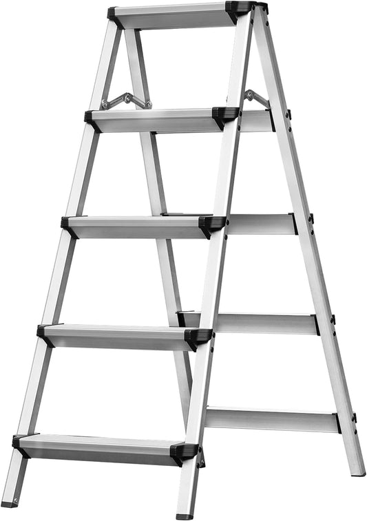Trapladder met 5 treden, inklapbaar, van aluminium, kleine huishoudladder met dubbele toegang, antislip en stabiel, maximale capaciteit 150 kg, gemakkelijk op te bergen
