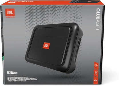 JBL Club A600 Mono Subwoofer Auto Versterker met 350W RMS op 4Ω, 600W RMS op 2Ω, Class D techniek, 10–320Hz bereik, variabele low-pass filter, bassboost en faseschakelaar voor systeemafstemming