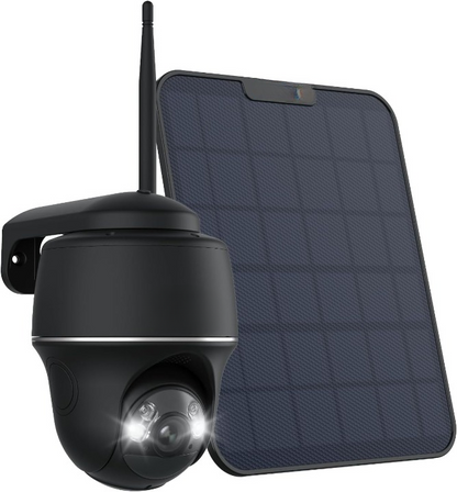 Beveiligingscamera - Zonnebeveiligingscamera - Camerabewaking - 360° - 140° Pan - Tilt Camera - Oplaadbare Batterij - met Spotlight - Nachtzicht in Kleur - AI-detectie - Zonnepaneel - Zwart
