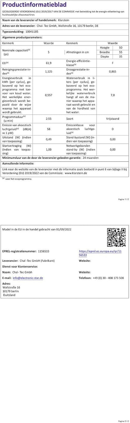 Klarstein Vaatwasser, 5 plafonds, vaatwasservrij, geluidsarm met 6 wasprogramma's, mini-vaatwasser, klein, compact en eenvoudig te installeren