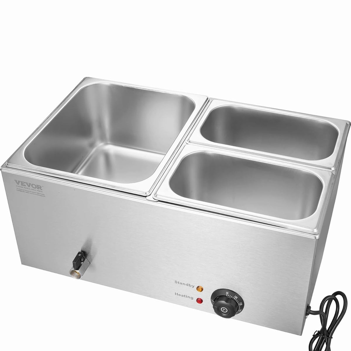VEVOR Dressoir met 3 bakken, elektrische badkuip, 16 l, 1200 W, verwarmd dressoir van roestvrij staal, instelbare temperatuur 30-85 °C, voor het verwarmen van levensmiddelen, catering, avond, feest