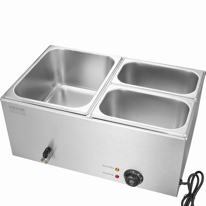 VEVOR Dressoir met 3 bakken, elektrische badkuip, 16 l, 1200 W, verwarmd dressoir van roestvrij staal, instelbare temperatuur 30-85 °C, voor het verwarmen van levensmiddelen, catering, avond, feest