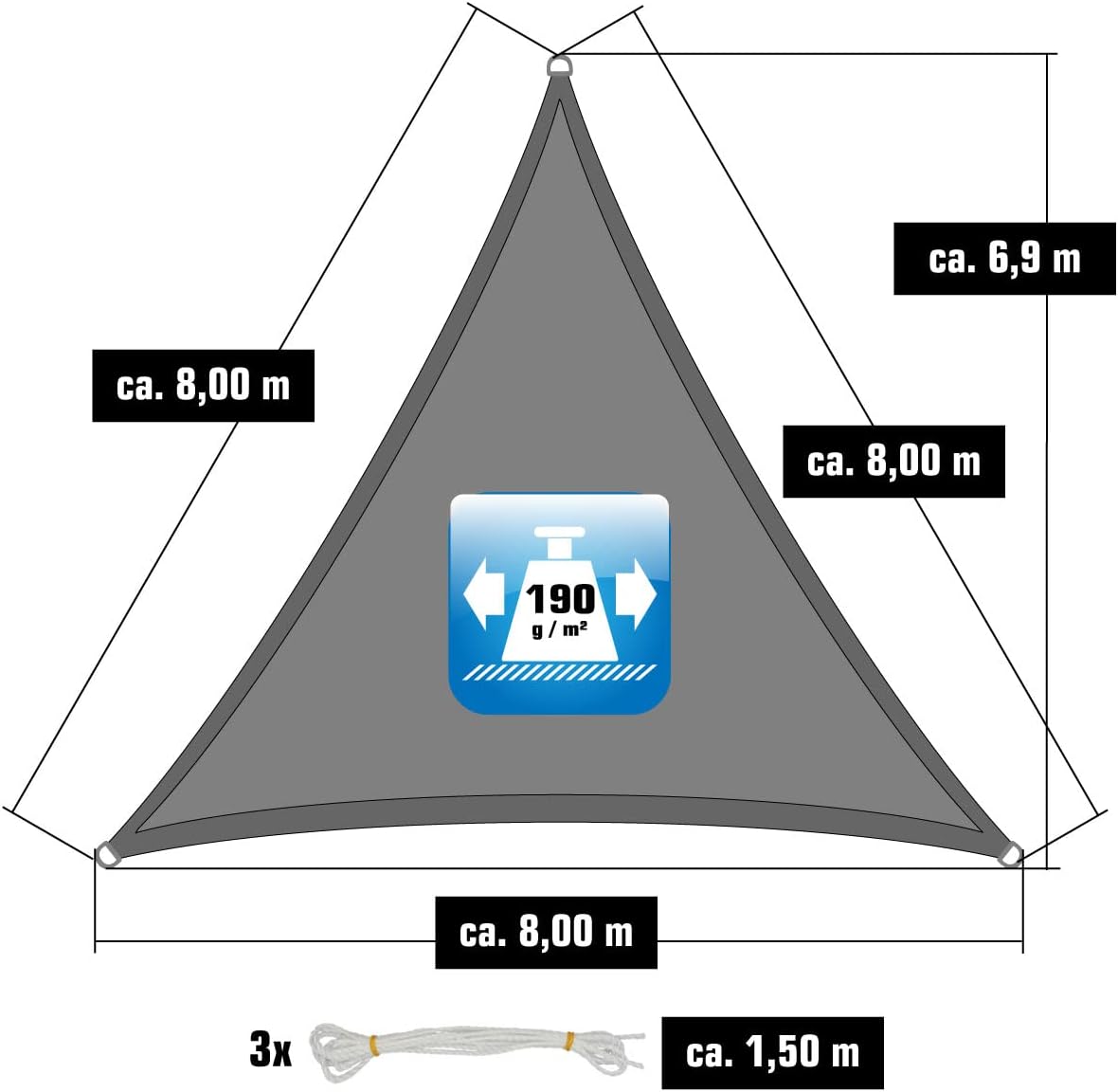 AMANKA 98% UV-Bescherming: 8x8x8 Zonneluifel Driehoekig Waterdicht - Terrasluifel Zonwering Driehoek - Tuinluifel Zonbescherming voor Trampoline Zonnezeil Pergola D Ring Driehoekig Zon Luifel Zwembad