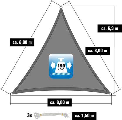 AMANKA 98% UV-Bescherming: 8x8x8 Zonneluifel Driehoekig Waterdicht - Terrasluifel Zonwering Driehoek - Tuinluifel Zonbescherming voor Trampoline Zonnezeil Pergola D Ring Driehoekig Zon Luifel Zwembad