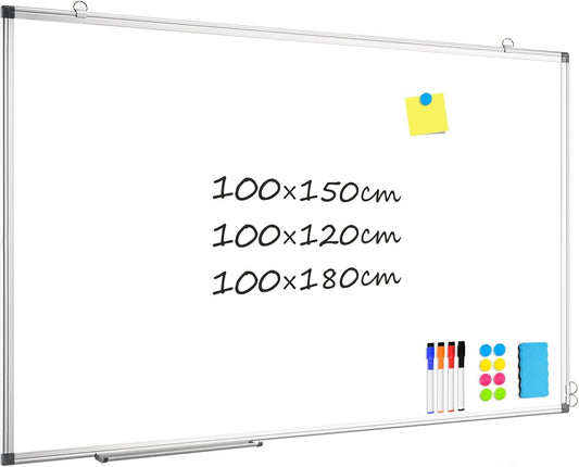 Whiteboard 100 x 150 cm whiteboard magnetisch, magneetbord met aluminium frame, magneetwand, whiteboard met pennenbakje en haak