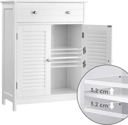 WeHome Jessica Ruimtebesparende badkamerkast, staande kast met verstelbare plank, wit, 60 x 35 x 87 cm, houten kast met 2 deuren en lade bovenaan (wit)
