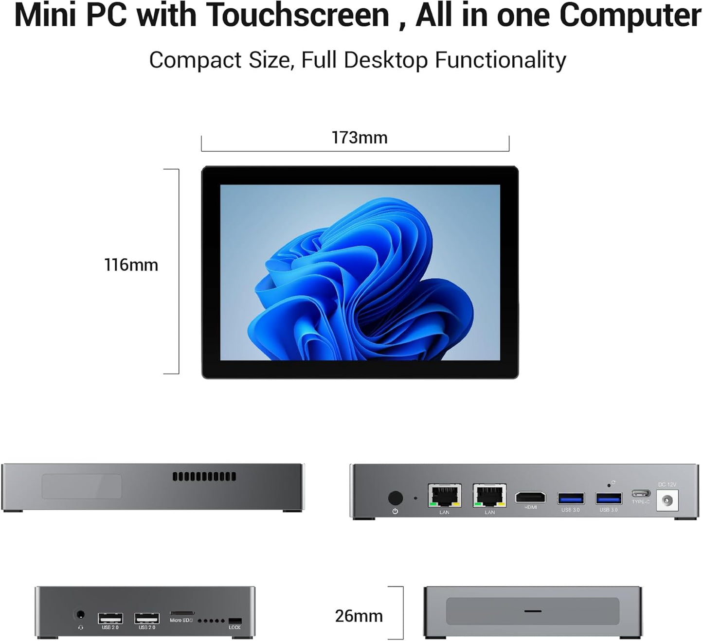 Mini PC Win 11 Pro, 12 Gen N95 (3.4 GHz), 7 Inch Screen, 8 GB RAM, 128 GB eMMC with Battery, USB-C Mini Computers, 2.5 GbE LAN Desktop Computer, Dual Display, 4K 60Hz, HDMI WiFi 5 BT 5.0