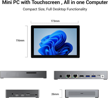Mini PC Win 11 Pro, 12 Gen N95 (3.4 GHz), 7 Inch Screen, 8 GB RAM, 128 GB eMMC with Battery, USB-C Mini Computers, 2.5 GbE LAN Desktop Computer, Dual Display, 4K 60Hz, HDMI WiFi 5 BT 5.0