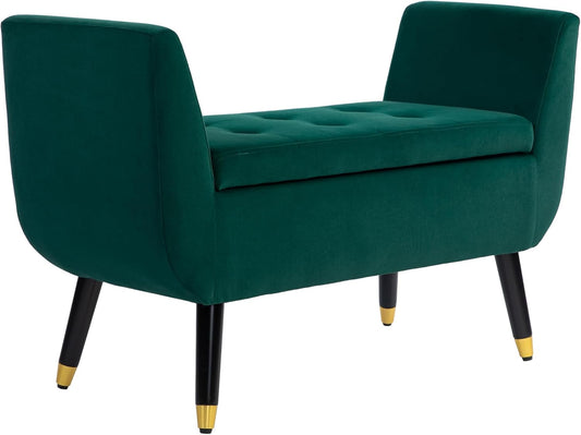 HOMCOM Luxus Sitzbank Polsterbank mit Stauraum Armlehnen Truhenbank Samtartiges Polyester Gummiholz Grün 107 x 42 x 65 cm - QUORE