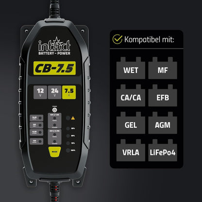 intAct ChargeBox Oplader voor start- en voedingsbatterijen, 7,5 A acculader voor 12 V en 24 V lood-zuur- en lithiumbatterijen, met druppellaadfunctie en reanimatiefunctie