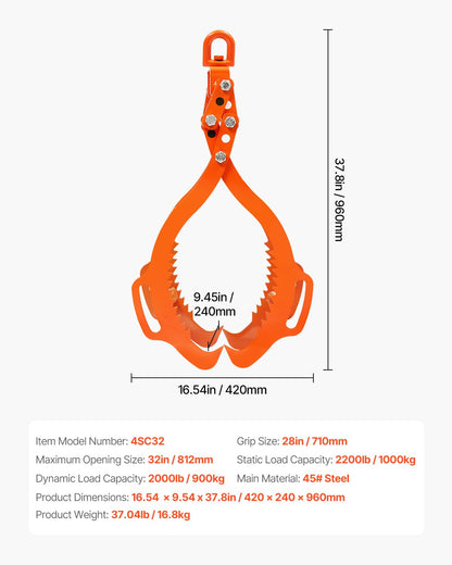 VEVOR Stone Lifting Pliers 812 mm with 4 Claws, Pliers for Logs, Rotatable, Steel, Lifting Capacity 1000 kg, Serrated Claw Design, Tractor Pliers, Carriage