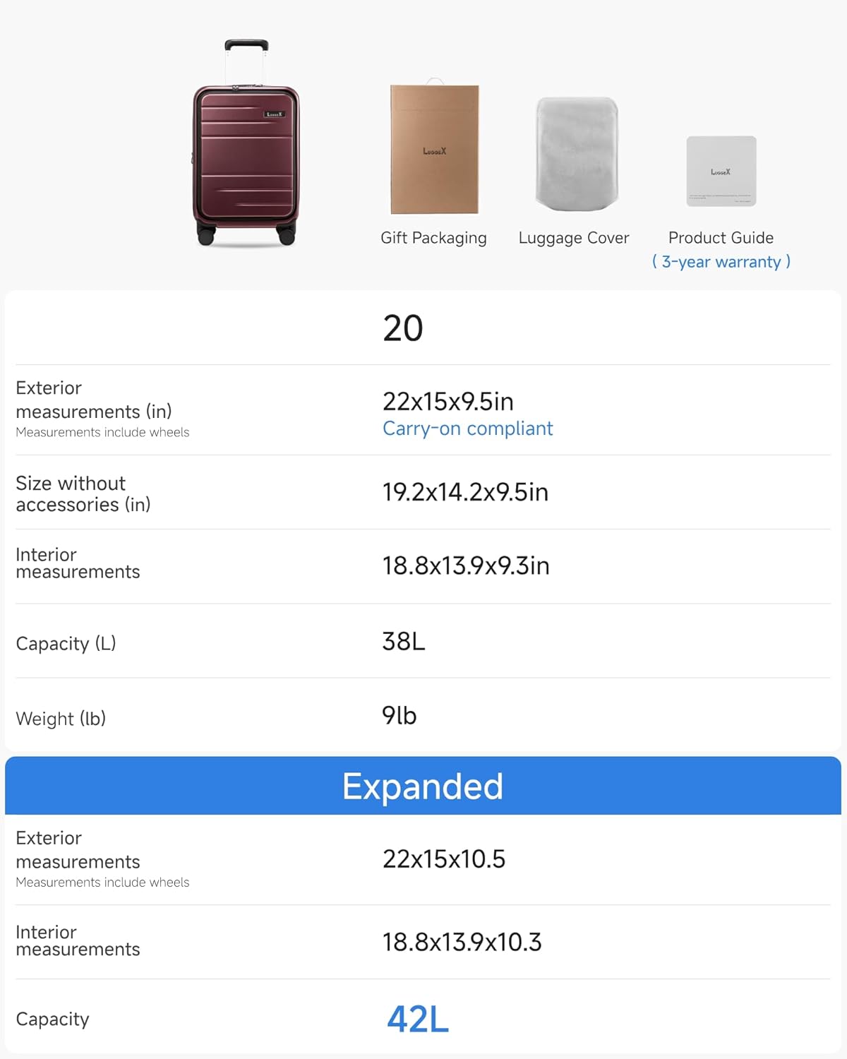 LUGGEX Koffer trolley handbagage met laptopvak – uitbreidbare harde koffer van polycarbonaat met TSA-slot, 55,4 x 36 x 24 cm, rood, 56*38*24CM