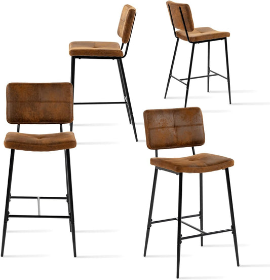 MEUBLE COSY Set van 4 barkrukken, hoge kruk met rugleuning en voetensteun, gevoerde keukenstoel van suède, voor toonbank, eetkamer en thuis, bruin