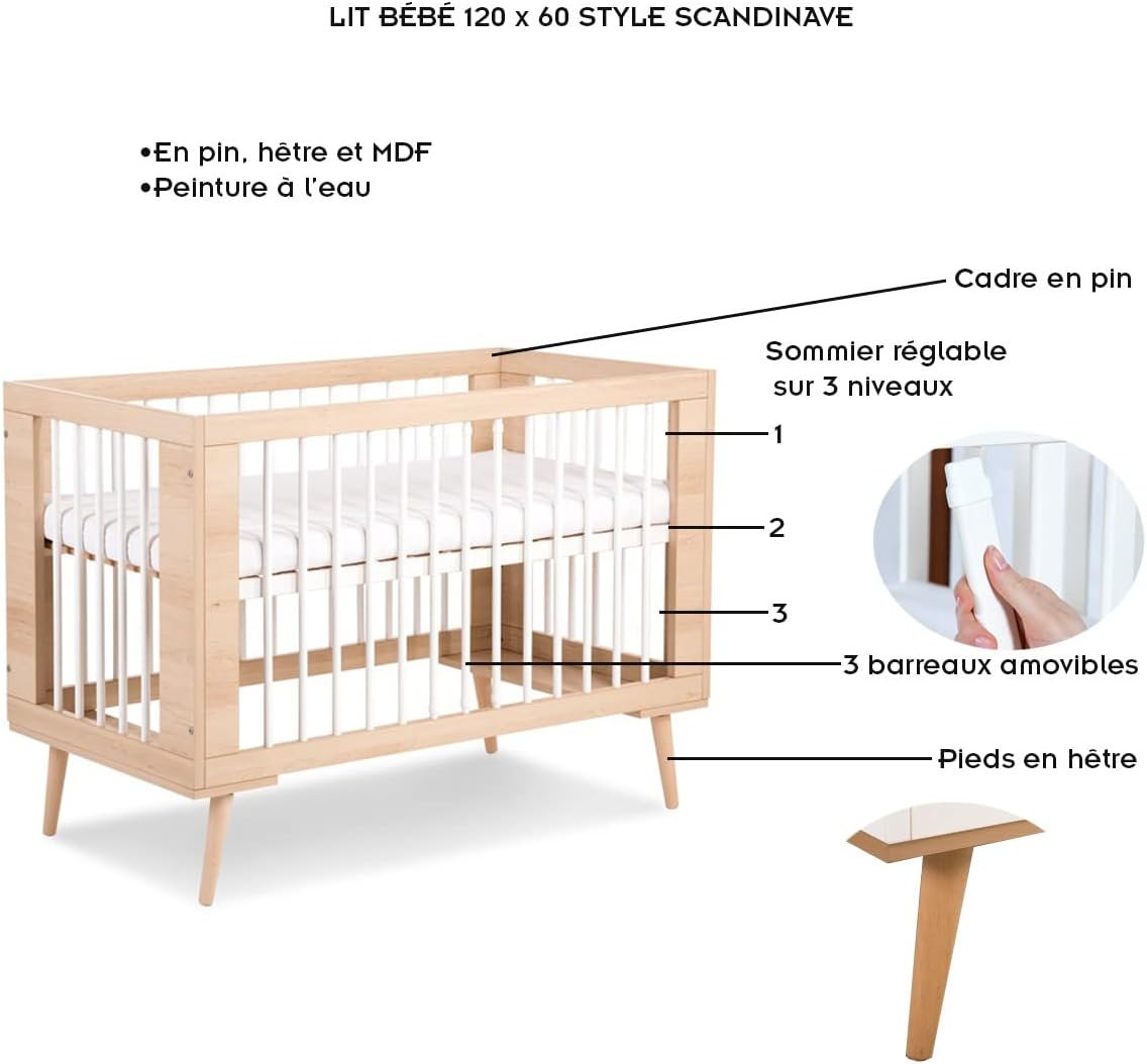 LittleSky by Klups Sofie Baby Cot 60 x 120 cm Beech - QUORE