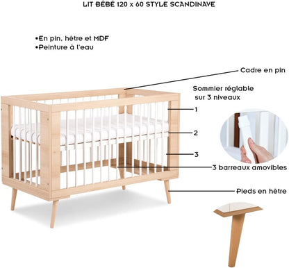 LittleSky by Klups Sofie Baby Cot 60 x 120 cm Beech - QUORE