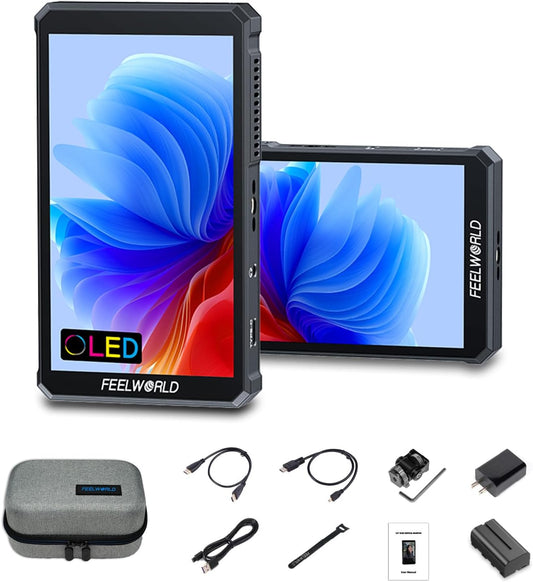 Feelworld PS6 5,5 inch OLED Verticaal Horizontale Camera Monitor 1920x1080 IPS Touchscreen Veldmonitor,100% DCI-P3-kleurengamma,3D LUT,4K HDMI2.0 In/Uitgangen,Golfvorm,Inclusief F550 Batterij en Tas