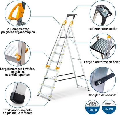 DURAMP trapladder met 8 treden, beveiligd met hellingen, gereedschapshouder, inklapbaar, aluminium, platformhoogte 162 cm Hoström