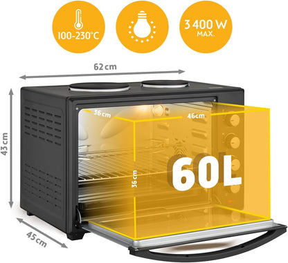 TZS First Austria - Minibakoven met kookplaten 60L 3200 W - Mini oven pizzaoven met kookplaten tot 230°C & 6 verwarmingsmodi - Minioven combi-apparaat met 4 inschuifhoogtes & hoogwaardig accessoires