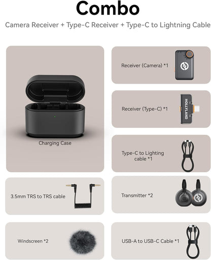 Hollyland Lark M2S Combo (camera RX+ USB-C RX+ Lightning-kabel) draadloze lavalier microfoon voor iPhone/camera/Android/pc, titanium clip, ruisonderdrukking, 30 uur gebruik, voor vloggen, interviews