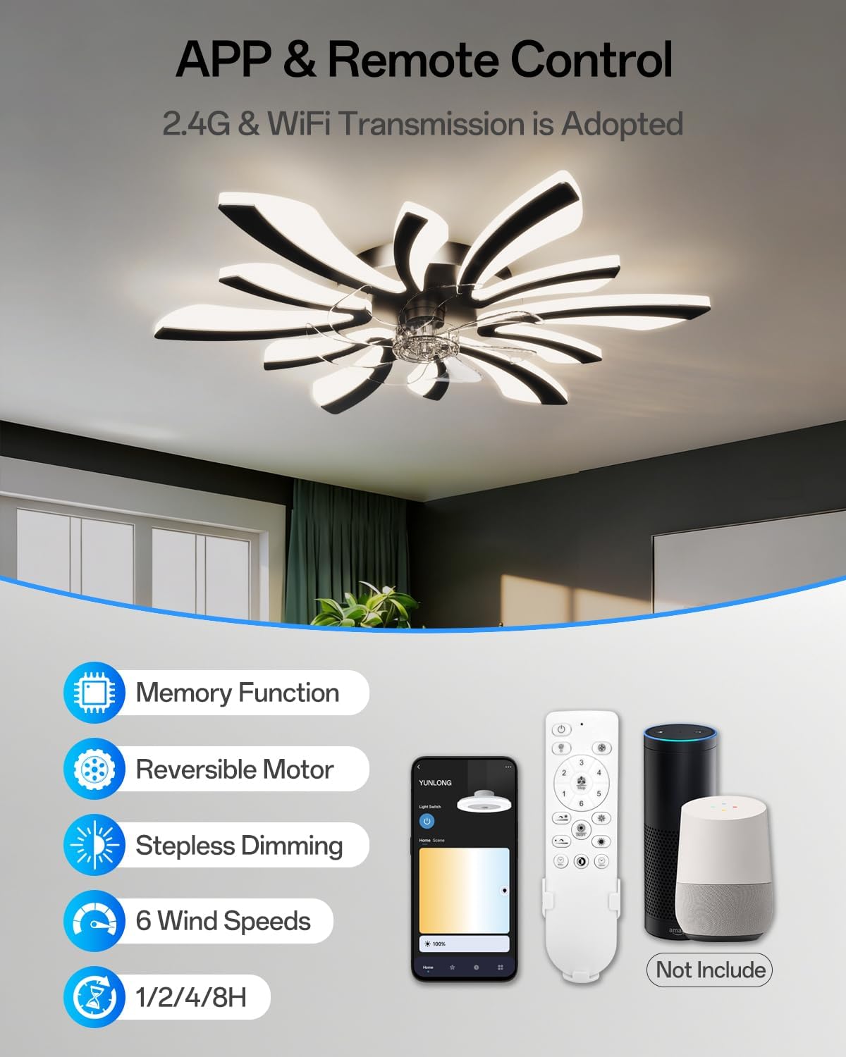 Slimme plafondventilatoren met verlichting, wifi-plafondventilatoren met lampen, compatibel met Alexa Google Home, spraak-/afstandsbediening/app-bediening, dimbaar, gelijkstroommotor, voor