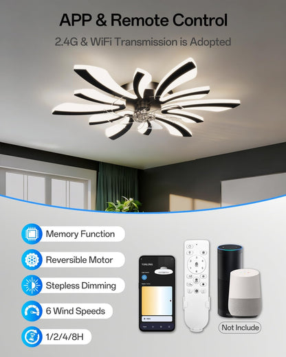Slimme plafondventilatoren met verlichting, wifi-plafondventilatoren met lampen, compatibel met Alexa Google Home, spraak-/afstandsbediening/app-bediening, dimbaar, gelijkstroommotor, voor
