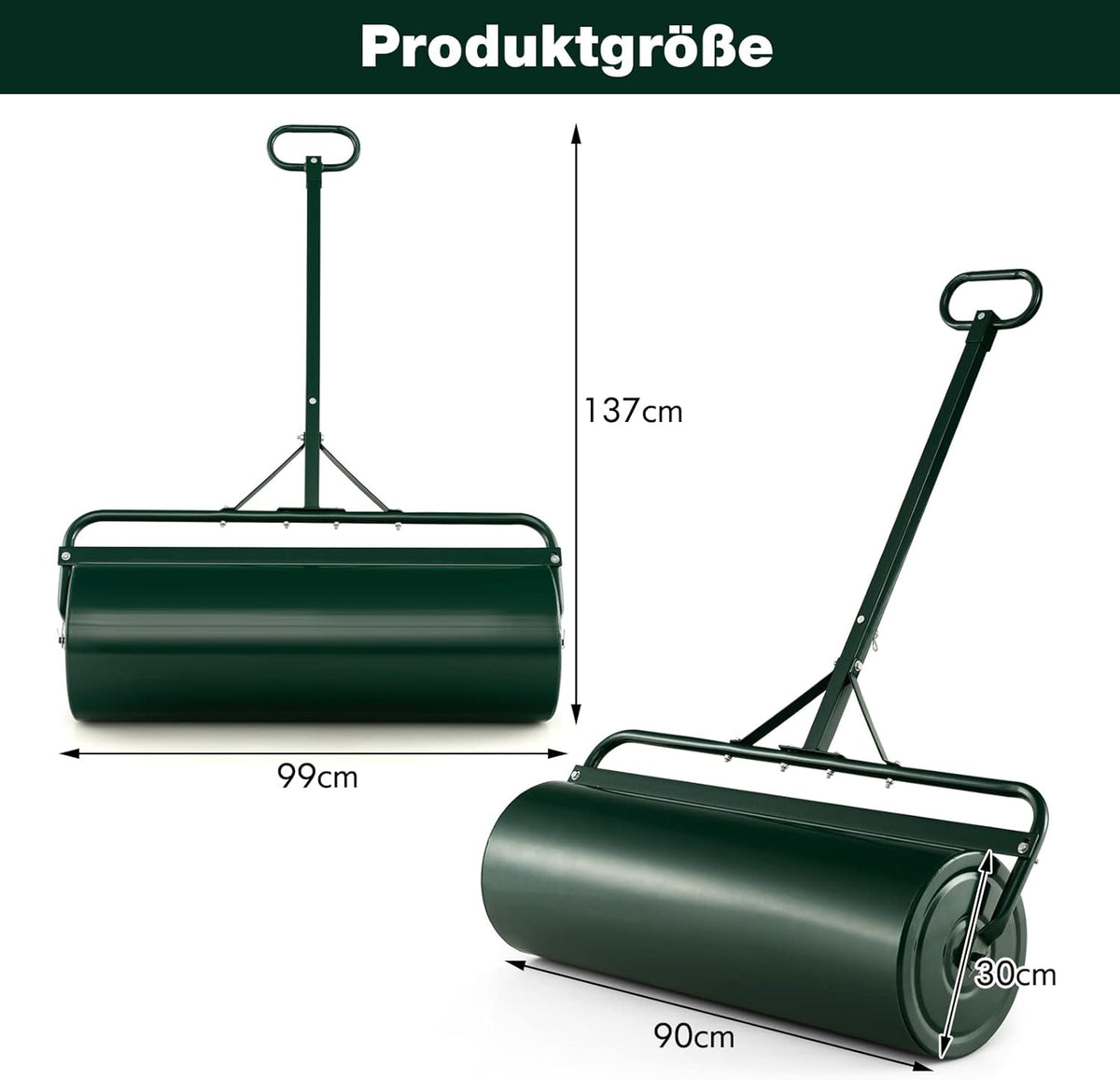 FANTASK Gazonwals, metaal, handroller met handvat, 63 l, zware belasting, graswals, vulbaar met water en zand, tuinwals, trommel, gazonroller