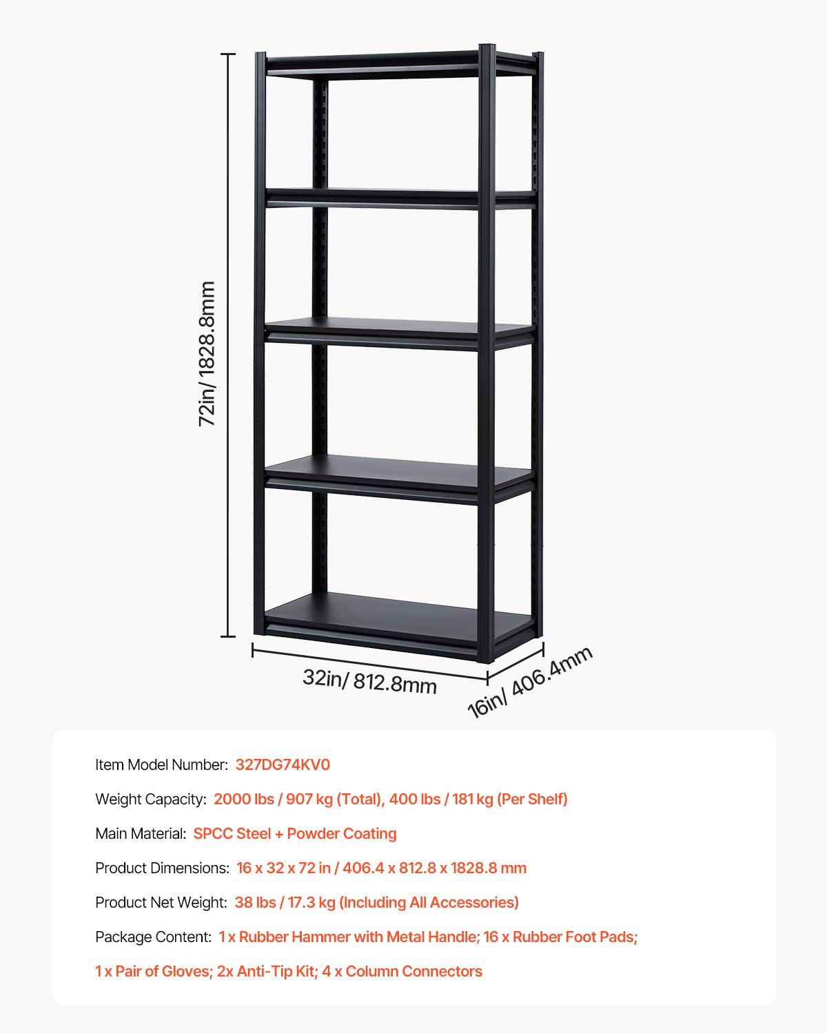Opbergrek – Garagerek – Steekrek – Kelderrek – Werkplaatsrek – 5 Niveaus, Zwart – Draagkracht 907 Kg