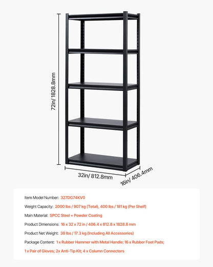 Opbergrek – Garagerek – Steekrek – Kelderrek – Werkplaatsrek – 5 Niveaus, Zwart – Draagkracht 907 Kg