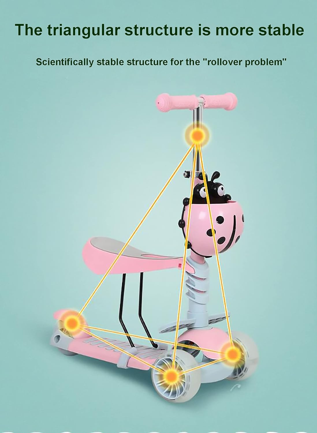 Vijf-in-one pedaal scooter voor jongens en meisjes, 3-wiel kinderen trolley, peuter scooter met drie versnellingen verstelbare hoogte,multi-colored led-verlichting wielen,Green