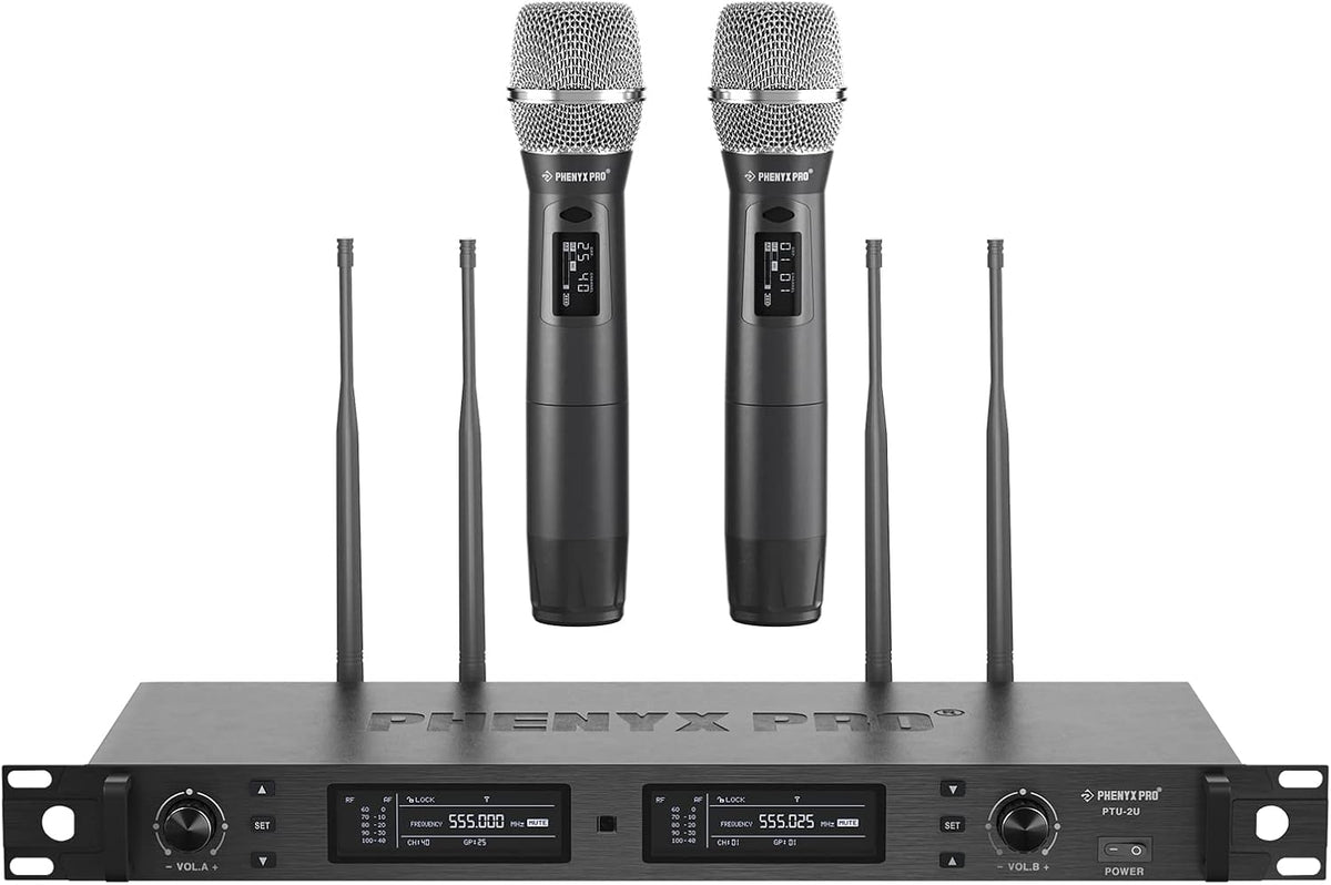 Phenyx Pro Draadloos microfoonsysteem, True Diversity Dual Draadloze Microfoonset, Professionele UHF Handheld Draadloze Microfoons met Auto Scan, 2x1000 Kanalen, 320 ft voor Podium & Studio (PTU-2U)
