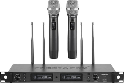 Phenyx Pro Draadloos microfoonsysteem, True Diversity Dual Draadloze Microfoonset, Professionele UHF Handheld Draadloze Microfoons met Auto Scan, 2x1000 Kanalen, 320 ft voor Podium & Studio (PTU-2U)