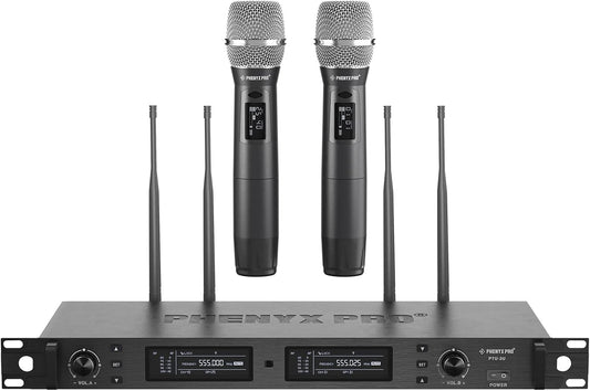 Phenyx Pro Draadloos microfoonsysteem, True Diversity Dual Draadloze Microfoonset, Professionele UHF Handheld Draadloze Microfoons met Auto Scan, 2x1000 Kanalen, 320 ft voor Podium & Studio (PTU-2U)