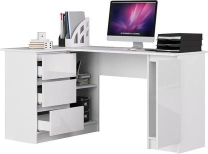 AKORD Corner desk B-20 with 3 drawers, 2 shelves and a shelf with door | desk | corner desk for home office | W155 x H77 x T85, 60 kg | White & White glossy Front - QUORE
